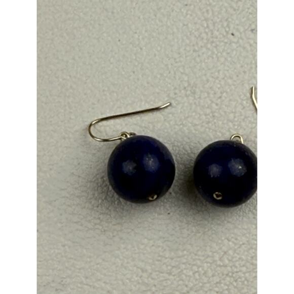 CU 14K Yellow Gold Hook Pierced Earrings Lapis Lazuli Round Drop Stone - Picture 3 of 10